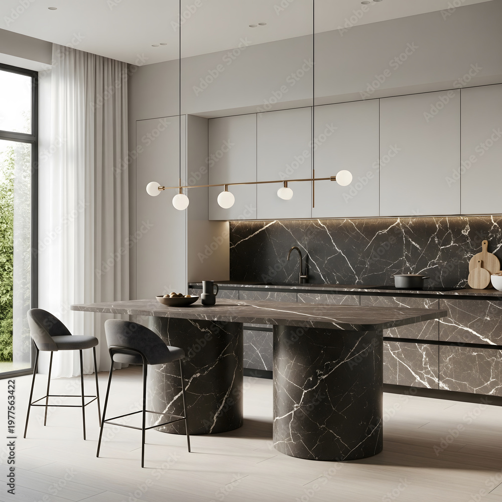 Modern Kitchen Interior with Black Marble Island and Minimalist ...