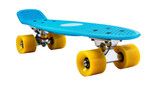 Isolated blue penny board skateboard with bright yellow wheels for urban street sport