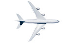 White jumbo jet airplane with four engines, isolated on transparent background