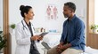 © Viandante VIsivo - A smiling female doctor, wearing a white lab coat and stethoscope, consults with an older Black male patient. He sits on an examination bed, listening as she holds a tablet, in a bright clinic