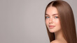 © Elysian Essence - Brown hair woman portrait, Long sleek hairstyle, Blue eyes skincare model, Gray copy space background, Minimal beauty close up, Side angle