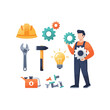 © Arafa - A worker holds a gear near various industrial tools and icons.