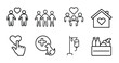 © Purnorup Dream IT  - Charity and social support line icons set featuring family heart shape house medical iv drip bag and pet care more vector illustration with editable stroke.