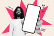 © Prostock-studio - A man stands smiling while holding a smartphone with a blank screen. The background features bright colors and abstract shapes. This creates a lively and vibrant composition.