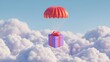 © Serhii - Floating gift delivery: red parachute lifts a purple gift box through the clouds