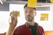 © Prostock-studio - A man stands in an office space focused on arranging yellow sticky notes on a board. He uses a marker while engaged in a brainstorming session with colleagues.