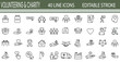 © Purnorup Dream IT  - Volunteering and charity line icons set featuring donation box money jar helping hands heart in house and medical ambulance more vector illustration with editable stroke.