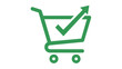 © MD - Green shopping cart vector icon with a checkmark arrow pointing up, representing successful checkout, sales growth, and ecommerce transaction completion in a flat minimalist illustration.