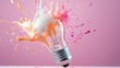 © Megin Design - 電球から飛び散る鮮やかな色の塗料。創造性とアイデアの爆発を表現したコンセプト。ピンクの背景