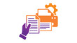 © Tech - Vibrant gradient vector illustration of a hand holding a printed document next to a printer and gear icon, representing professional office printing services, document management, and setup.