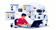 © Maya - Flat vector illustration of an AI robot helping a young man in creating graphic designs on a computer or tablet. Concepts of artificial intelligence, the creative process, and human-AI collaboration.