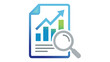 © Mazhar - Business consulting vector icon illustration featuring a financial report document with a rising bar chart, upward arrow, and magnifying glass for data analysis, growth, and market research.
