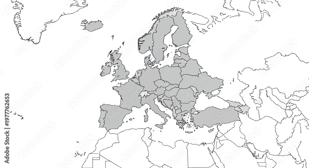 Map of Europe with countries highlighted in gray, political map ...