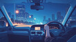 © 963k - 夜の都市で高層ビルを眺めながら楽しむドライブを描いたイラスト、車内視点による臨場感と都会的な雰囲気が魅力の趣味性の高いビジュアル、映像制作や広告背景にも使える高品質作品
