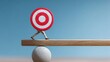 © Oulaphone - A person carrying a large target walks carefully on a wooden plank balanced on a round stone against a clear blue sky.