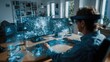 © Harjo - Person using augmented reality headset while interacting with holographic displays in a modern office