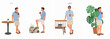 © Payandu - Set of flat illustrations featuring a young man in summer attire enjoying an iced drink in various outdoor and indoor settings.