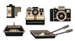 © kazi - A set of vintage camera and photography equipment icons including a film roll polaroid camera digital camera film developer tray and tongs, Generative AI.