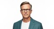 © MopoWe - Mature professional man wearing glasses and a stylish teal blazer looking directly at the camera for a corporate studio portrait on white background