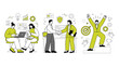 © Allen - Three panels show business values of teamwork with colleagues, trust through a handshake, and passion through celebration illustration