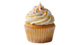 Creamy frosted cupcake with pink sprinkles on paper liner