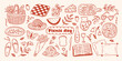© Olga - Set of quirky line art illustrations of picnic food and decor. Doodle drawings of blanket, basket with flowers, pizza, tomatoes and various countryside objects. Whimsical vector dinner ink silhouettes