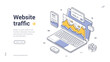 © provectors - Isometric banner template for website traffic analysis. Vector illustration of SEO data on a laptop screen. Concept for digital marketing and web analytics performance monitoring