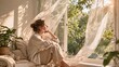 © MMM - Young woman relaxing by window with copy space, banner format, calm lifestyle, sunlight and home comfort, peaceful moment.