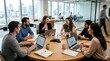 © Тимур Кунець - Colleagues meeting around a round table in a modern office, laptops and notebooks open, bright contemporary interior and engaged teamwork atmosphere, ultra-realistic, no logos.