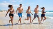 © Тимур Кунець - Friends enjoying a fun day running together on a sandy beach, splashing footsteps, bright sunlight and active summer joy, ultra-realistic, no logos.