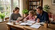 © Svitlana - Mother, father, and daughter studying together at home, books and notebooks spread across the table, cozy domestic setting, attentive and supportive atmosphere, soft window light, ultra-realistic, no