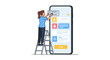 © Márcia - Woman climbs ladder to interact with oversized smartphone application interface banner