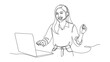 © Three - Woman sitting with laptop happily. Continuous line style. Hand drawn. Line art. Vector design. illustrations