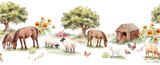 Watercolor Farm Animals Seamless Border Pattern Horizontal Countryside Scene Nursery Farmhouse Design