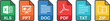 © Tanya - Document file format icon set, professional office file extension symbols including pdf doc xls ppt and zip, digital document type graphics on transparent background