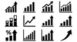© PixelArtBox - Business growth chart icons, black financial bar graph set, 12 vector data visualization elements, rising arrow profit symbols for corporate reports