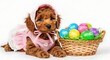 © jafarwajid - A cute brown puppy wearing a pink dress lies next to a wicker basket filled with colorful Easter eggs.
