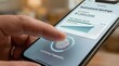© Olena - Hand tapping fingerprint scanner iPhone screen retirement savings app total balance goal progress age 65 banking confirmation golden hour lighting