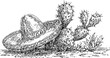 © Purple_Lamp - Mexican sombrero hat resting beside prickly pear cactus and desert plants detailed black ink drawing