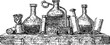 © Purple_Lamp - Vintage alchemy laboratory bottles and scrolls on wooden shelf hand drawn illustration