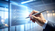 © Lulwa - Businessman using a pen to complete a digital checklist on a transparent screen in a modern office setting with bright lighting