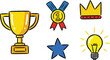 © An - A colorful graphic illustration features a golden trophy, a medal with a number one, a crown, a shining star, and a lightbulb with a filament.