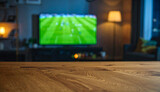 Empty wooden table surface mockup with blurred living room and soccer match on TV background
