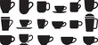 © Misho x Mamun - Coffee cup silhouettes collection, various mug and teacup shapes with saucers, hot beverage drinkware set  Silhouette  vector illustration with out background.