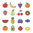 © cheng - Large Collection of Fresh Organic Fruit Icons Isolated on White, Apple Banana Grape Orange Strawberry Pear Cherry Kiwi Watermelon Pineapple Plum