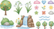 © Yousuf - Spring Nature Illustration Set with Trees, Flowers, Waterfall, Clouds, Sun, and Landscape Elements for Seasonal Outdoor Design Collection