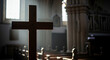 © Egor - Cross silhouette in a church with stained glass windows, serene atmosphere, rays of light