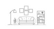 © Shakil - A minimalist line drawing depicts a living room with a sofa lamp and wall decor