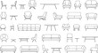 © MstSahida - Modern furniture line art icons collection with minimalist sofa chair and table set vector illustration on transparent background drawing.