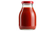 © abba - Glass bottle filled with red tomato sauce or ketchup with a red cap on a solid white background